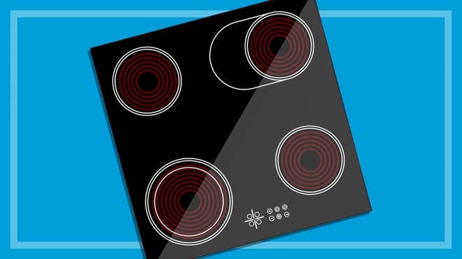a ceramic cooktop with four hobs on a blue background